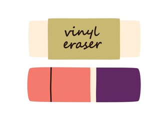 Blue and red double eraser and vinyl rubber for erasing ink, pencil marks. School gums. Gummy tools, accessories. Flat vector illustration isolated on white background