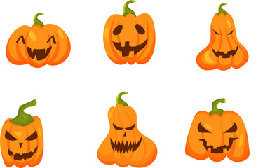  Halloween pumpkins. Orange pumpkin jack lantern characters. Spooky and angry carved faces