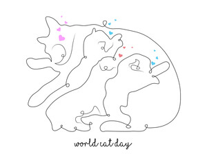 World Cat Day. hand lettering vector. International Cat Day. Modern calligraphy. cat sleeps with kittens.