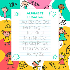 Naklejka premium Alphabet letters tracing sheet with all letters of the alphabet. Kids worksheet with alphabet letters. Basic writing practice for kindergarten children vector illustration learning