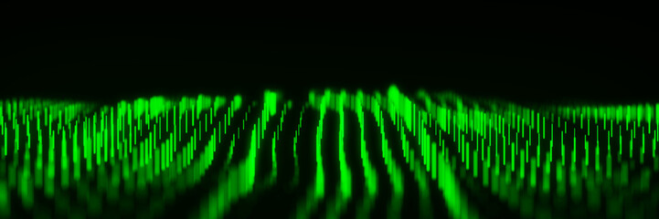 Fototapeta premium Abstract dynamic wave flow of vertical green glow lines on a dark background. Digital wave background concept. Big data visualization. 3D rendering.