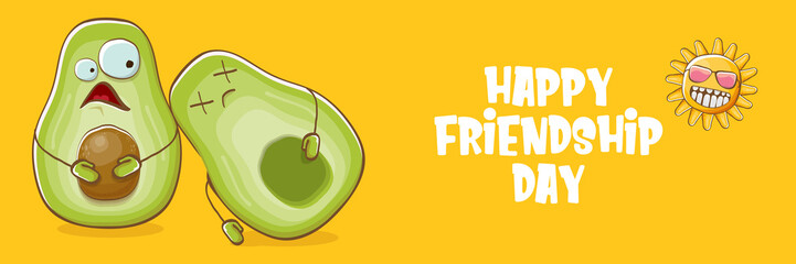Happy friendship day cartoon comic horizontal banner with two funky avocado friends and cartoon sun isolated on orange background. Friendship day funky greeting card or party flyer. BFF concept