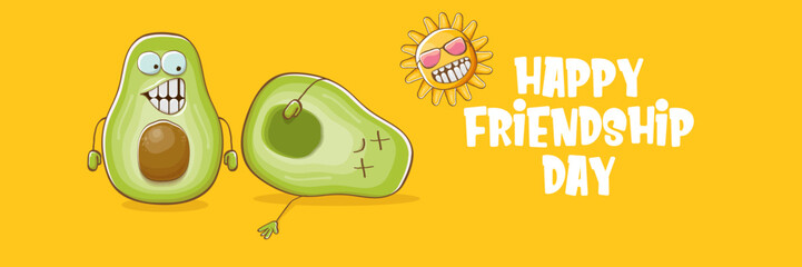 Happy friendship day cartoon comic horizontal banner with two funky avocado friends and cartoon sun isolated on orange background. Friendship day funky greeting card or party flyer. BFF concept
