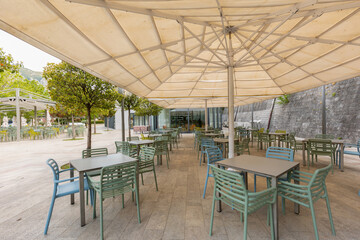 Empty outdoor hotel restaurant garden