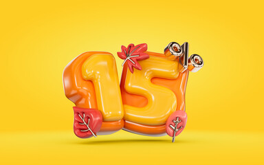 Autumn sale banner 15 percent discount number with maple leaf on yellow background 3d render