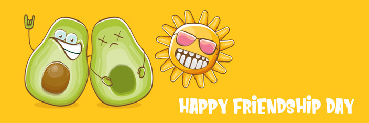 Happy friendship day cartoon comic horizontal banner with two funky avocado friends and cartoon sun isolated on orange background. Friendship day funky greeting card or party flyer. BFF concept