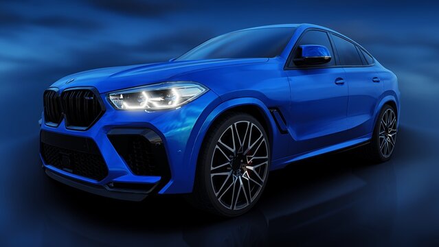 Berlin. Germany. June 10, 2022. Blue BMW X6M Competition III 2020 F96. 3d model of a sports SUV in a coupe body. 3d rendering.