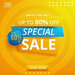 Sale Sign Shape Banner Design with Blue And Yellow Color Background