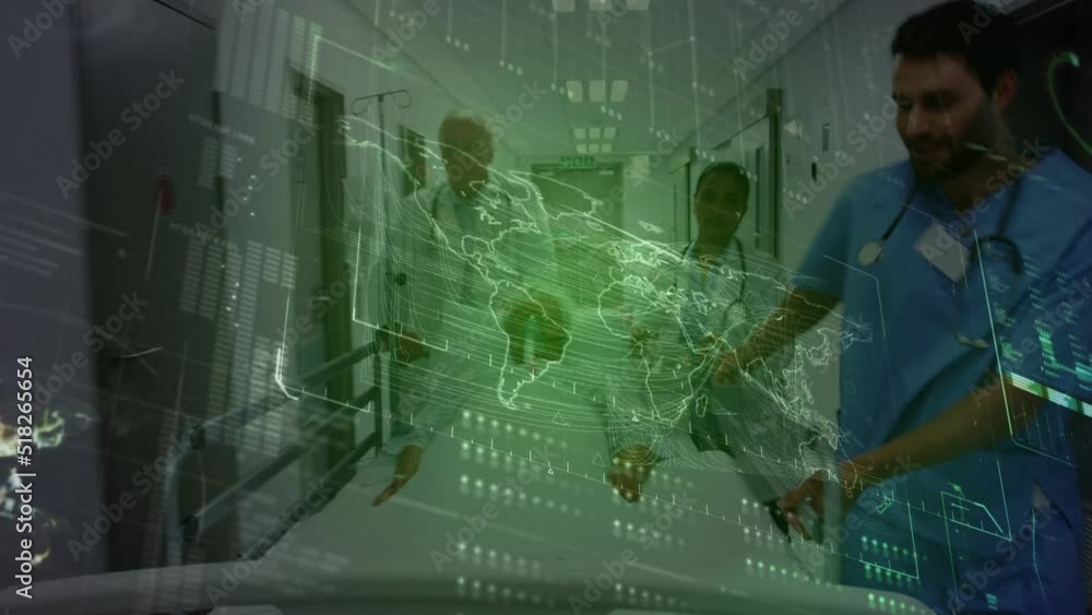 Poster animation of world map and data processing over diverse doctors running on corridor