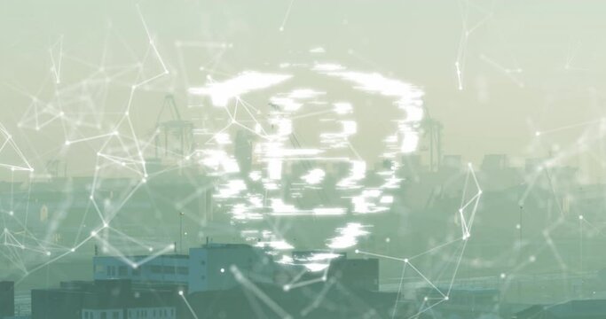 Animation of connections and digital padlock, floating over cityscape