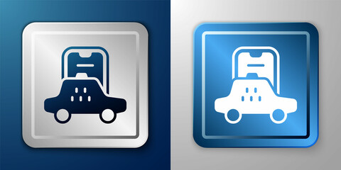 White Taxi mobile app icon isolated on blue and grey background. Mobile application taxi. Silver and blue square button. Vector