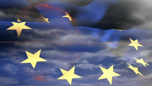Animation of financial graphs over flag of european union and clouds