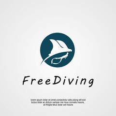 Freediving club logo design idea, diving with manta ray illustration - obrazy, fototapety, plakaty