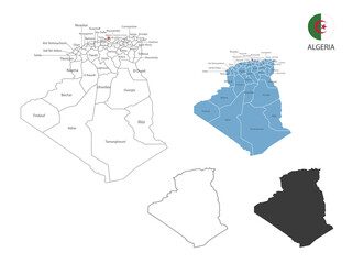 4 style of Algeria map vector illustration have all province and mark the capital city of Algeria. By thin black outline simplicity style and dark shadow style.