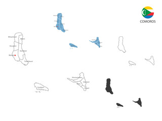 4 style of Comoros map vector illustration have all province and mark the capital city of Comoros. By thin black outline simplicity style and dark shadow style.