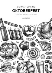 Oktoberfest background. German food and drinks menu. Vector meat dishes sketches. German cuisine frame. Beer festival black and white illustration in sketched style. Oktoberfest party design. - obrazy, fototapety, plakaty