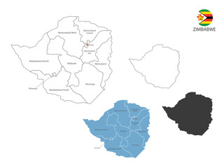 4 style of Zimbabwe map vector illustration have all province and mark the capital city of Zimbabwe. By thin black outline simplicity style and dark shadow style. Isolated on white background.