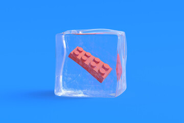 Toy block in ice cube. 3d illustration
