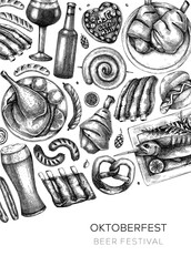 Oktoberfest background. German food and drinks menu. Vector meat dishes sketches. German cuisine frame. Beer festival black and white illustration in sketched style. Oktoberfest party design.