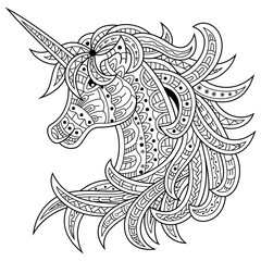 Hand drawn of unicorn head in zentangle style