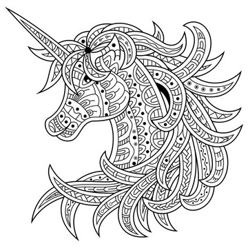 Hand drawn of unicorn head in zentangle style