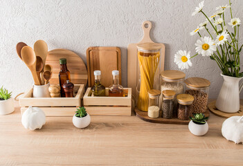 a set of modern kitchen utensils in an environmentally friendly kitchen. eco items for food...