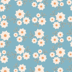 Seamless botanical ornament pattern with autumn small abstract doodle flowers in warm pastel colors isolated on blue background in flat cartoon style