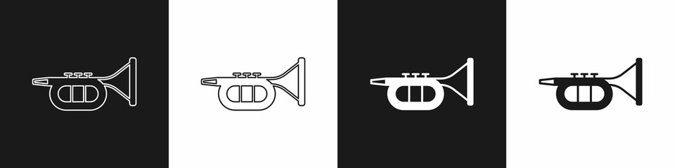 Set Trumpet icon isolated on black and white background. Musical instrument. Vector