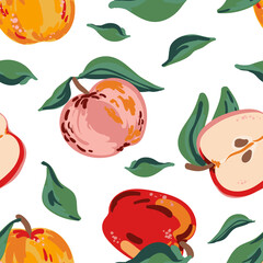 Apples and leaves vector seamless pattern. Red, yellow, pink juicy fruits summer texture for paper, cover, fabric, gift wrap, wall art, interior decoration.