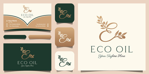 letter e combined twig Olive oil logo design template.