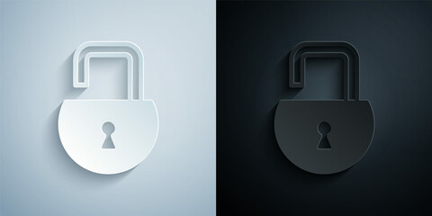 Paper cut Open padlock icon isolated on grey and black background. Opened lock sign. Cyber security concept. Digital data protection. Paper art style. Vector