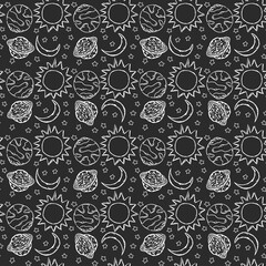Black and white Cosmos background. Seamless space pattern. Doodle vector space illustration with planets, stars, moon, sun