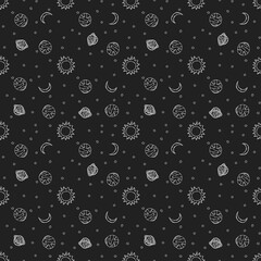 Cosmos background. Seamless space pattern. Doodle vector space illustration with planets, stars, moon, sun