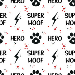 Seamless pattern with a superhero paws. Funny pattern in dog hero style. Vector illustration isolated on white background.