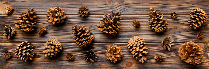 Fototapeta na wymiar Christmas pine cones on colored paper border composition. Christmas, New Year, winter concept. Flat lay, top view, copy space