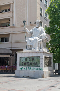 Skopje, North Macedonia - June 5, 2022: Monument of Tsar Samoil. Tsar of the First Bulgarian Empire.