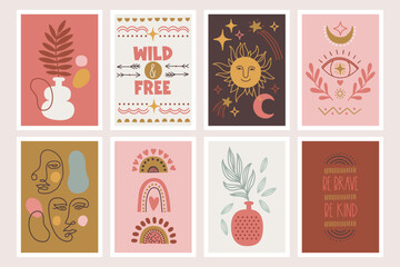 Boho greeting cards with vase, stars, sun, moon, woman face