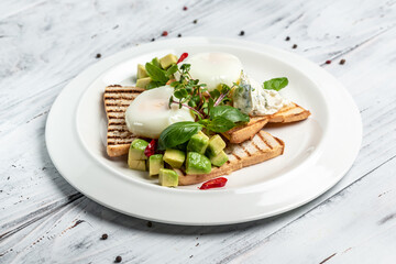 Avocado, bread toast with poached egg on plate. Healthy fats, clean eating for weight loss. Healthy appetizer, breakfast, lunch or snack