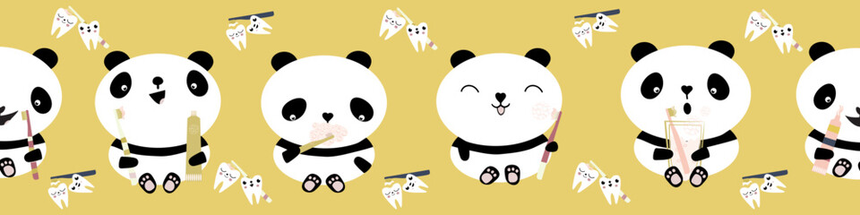 Kawaii panda kids dental health care vector educational seamless border. Banner with cute cartoon bears and toothbrush, tooth paste, brushing teeth. Teddy bears design for trim, edging, ribbon, web