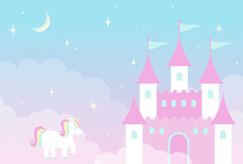 vector background with a fairy tale castle in cloudy sky for banners, cards, flyers, social media wallpapers, etc.