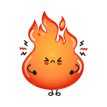 Cute angry fire character. Vector hand drawn cartoon kawaii character illustration icon. Isolated on white background. Sad fire character concept