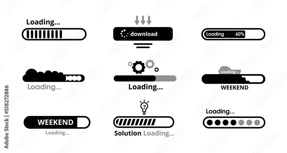 Poster Downloading black line scale set. Interface web information loading indicator bars and installing new vector updates