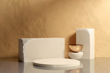 Beige stone podium on glass floor. Two white sandstone blocks and gold half-sphere on natural beige stone with soft shadow.Concept of shop product or cosmetic display stand background mock up. 