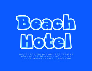 Vector travel Emblem Beach Hotel. Unique Blue Font. Artistic Alphabet Letters, Numbers and Symbols set