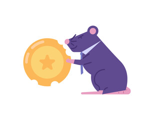 the concept of a criminal or corrupt. a mouse eats coins. mertapora perpetrators of corruption or consuming people's money. political. flat cartoon illustration. vector design