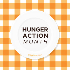 Hunger Action month. September. Empty white plate with text. Orange gingham. Vector illustration, flat design