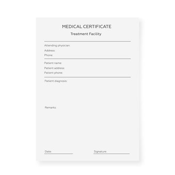 Blank medical certificate template. Document form for disease information and patient treatment with prescriptions and vector diagnostics
