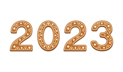 Gingerbread of the form of a numbers. 2023 new year ginger cookies on white background.