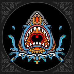 Colorful shark zentangle arts isolated on black background.