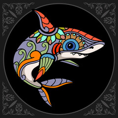 Naklejka premium Colorful shark zentangle arts isolated on black background.